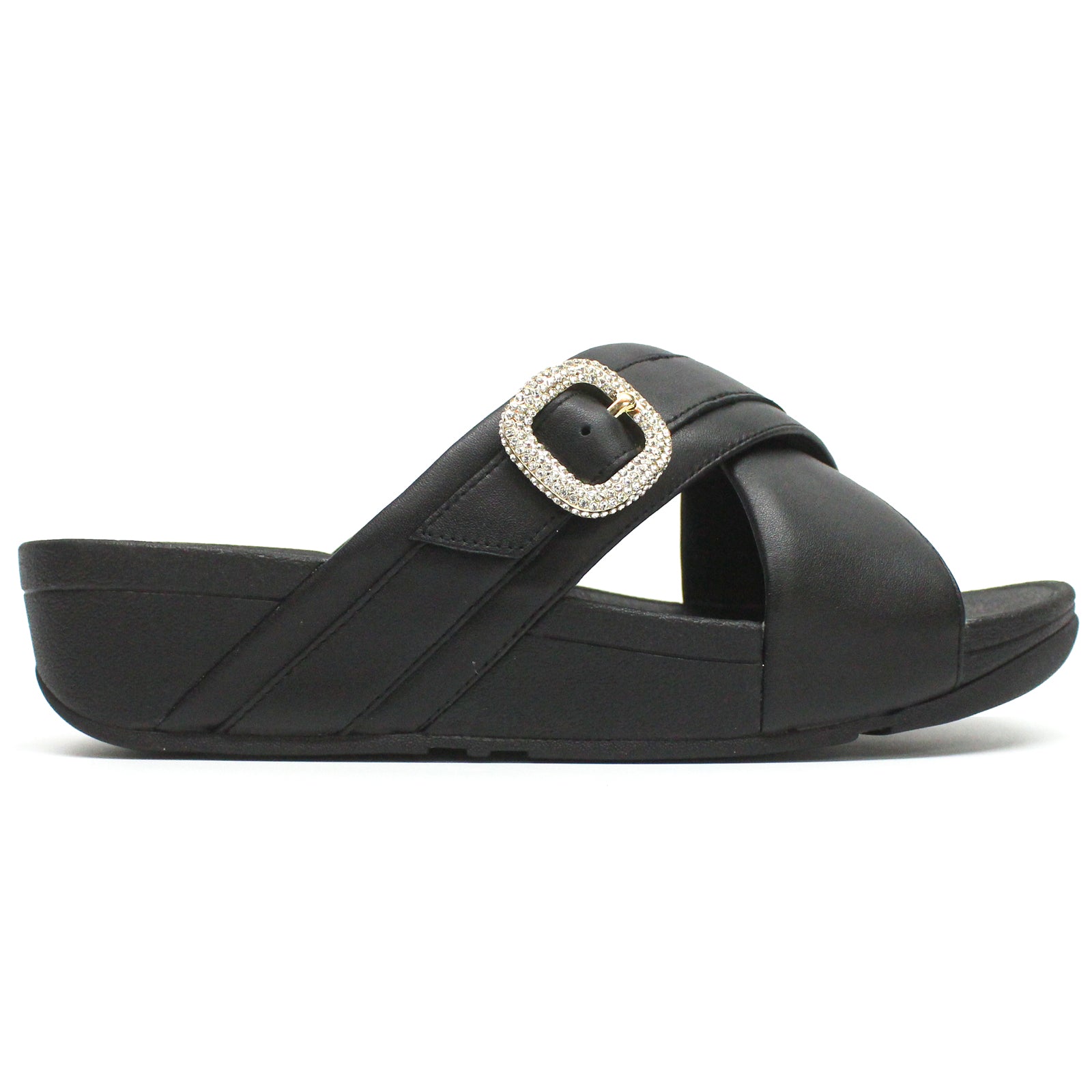 FitFlop Lulu Crystal Buckle Cross Slides Leather Womens Sandals#color_black