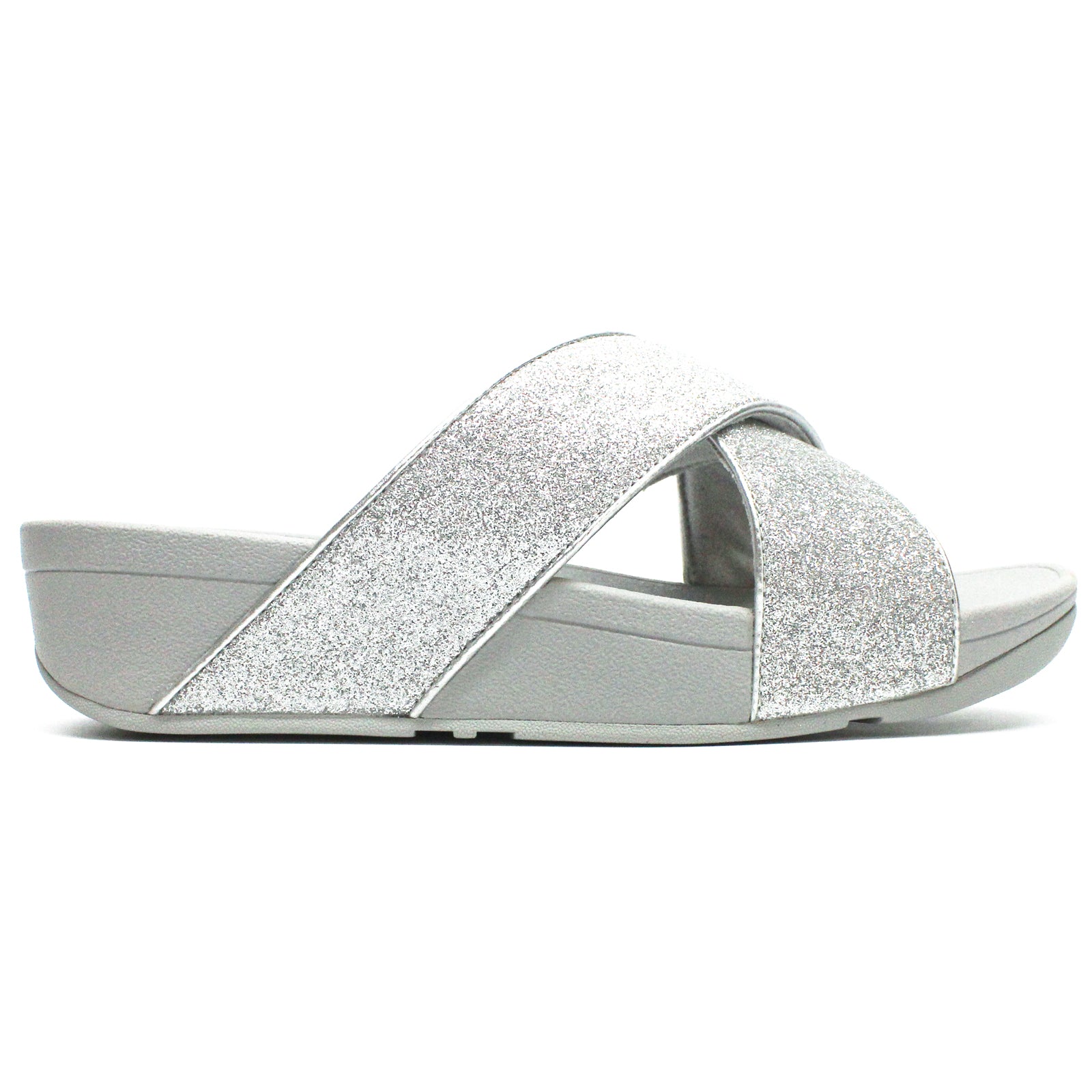 FitFlop Lulu Glitterdust Cross Slides Synthetic Leather Womens Sandals#color_silver