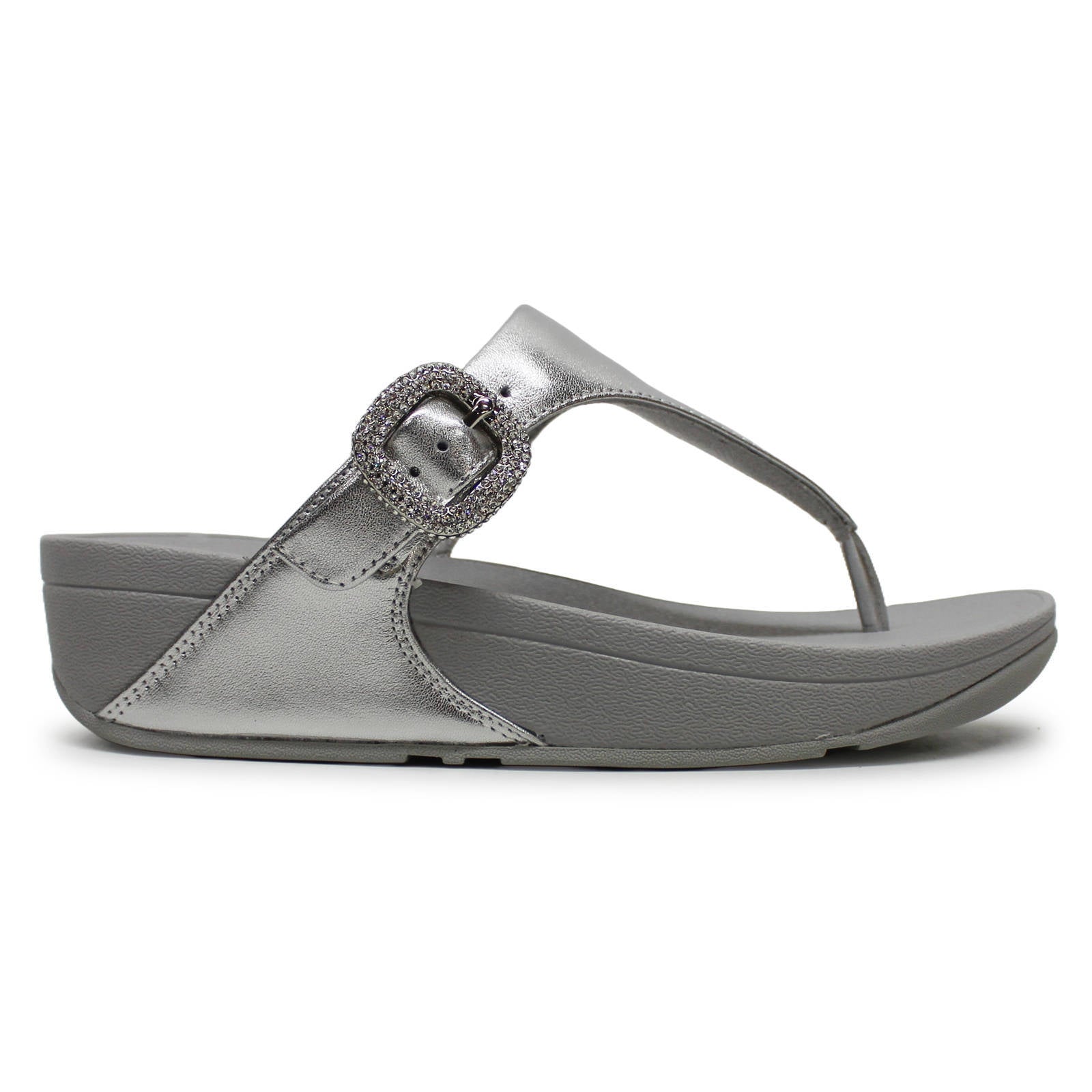 FitFlop Lulu Crystal Buckle Toe Post Leather Womens Sandals#color_silver